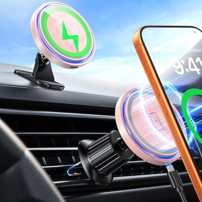 Magnetic Car Charger Mount 15W for iPhone 18-12 Pro Max - color: Pink