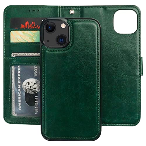 Bocasal Detachable Wallet Case Card Holder for iPhone 13, Green | RFID Blocking Kickstand Card Slots Holder PU Leather Magnetic Shockproof Wrist Strap Removable Flip Protective Cover 6.1 inch - color: Green