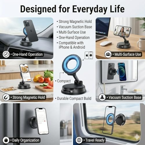 Magnetic Car Phone Holder for MagSafe, Vacuum Suction Mount, 360° Adjustable Dashboard & Windshield Mount, Strong N52 Magnetic Phone Holder for iPhone 17/16/15/14, Samsung Galaxy, Metal Ring Included