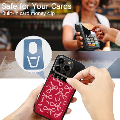 for Magsafe Wallet, Magnetic Wallet Card Holder for iPhone 17/16/15/14/13/12 Pro/Max/Plus/Mini Case, Leather Magnet Phone Pocket Cute Design Credit Card Fit 3 Cards, Red Ribbons Bow Tie - color: Red Ribbons Bow Tie