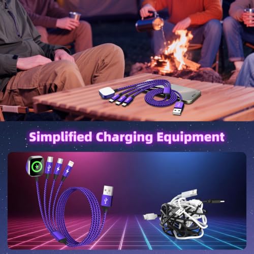 Travel Essentials 4in1 Multi Charging Cable for iPhone Watch Charger 3PK5FT - color: Bright Purple&Black, size: AC to 2C+L+iWatch