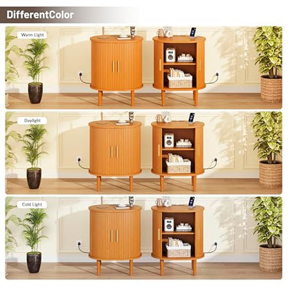 DHH Mid Century Modern Nightstand with Charging Station, Fluted Accent Side Table with Sliding Door & Adjustable Shelf, End Table for Small Space, Living Room, Bedroom,Sofa Couch(1, Yellow) - color: Yellow Walnut