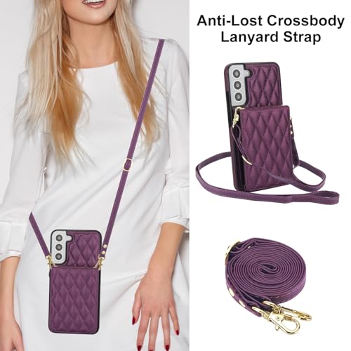 Phone Case for Samsung Galaxy S22 5G Wallet Cover with Tempered Glass Screen Protector Credit Slot Card Holder Crossbody Strap Stand RFID Blocking S 22 22S 4G G5 6.1 inch Women Men Girls Dark Purple - color: Dark Purple