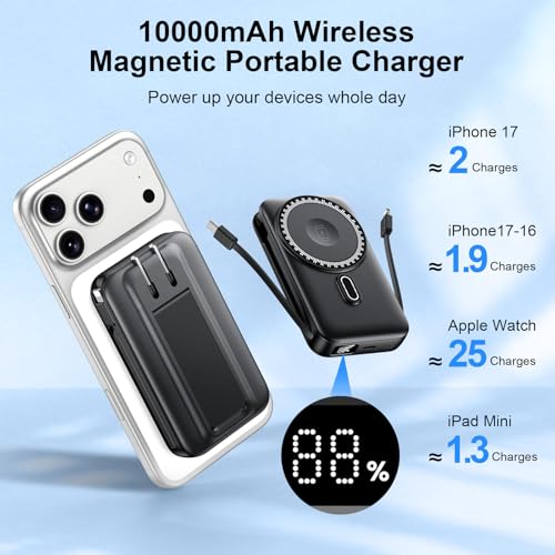 For MagSafe Portable Charger with 2 Cables & Wall Plug, Magnetic Power Bank - color: Grey