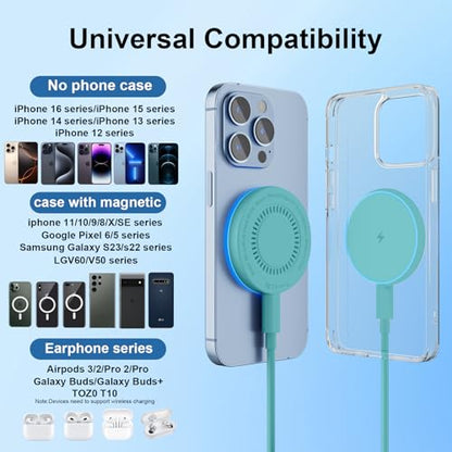 MagSafe Charger 2 Pack 15W Magnetic Wireless Charger Fast Charging Pad Compatible with iPhone 17/16/15/14/13/12 Series & AirPods 4/3/2/Pro Magnetic MagSafe Charging Pad with Dual Ports-Light Green - color: green, size: 2Pack