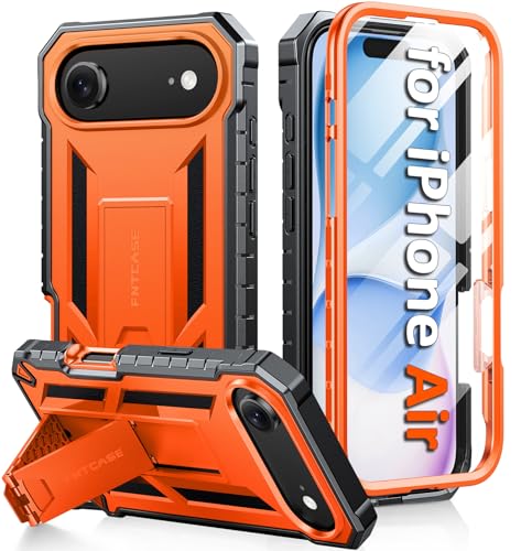 FNTCASE for iPhone Air Case with Built-in Screen Protector and Kickstand | 20FT Military-Grade Drop Protection, Anti-Slip Matte Textured, Rugged Heavy Duty Shockproof TPU Protective Phone Cover - color: Orange, size: For Iphone Air (6.5 Inch)