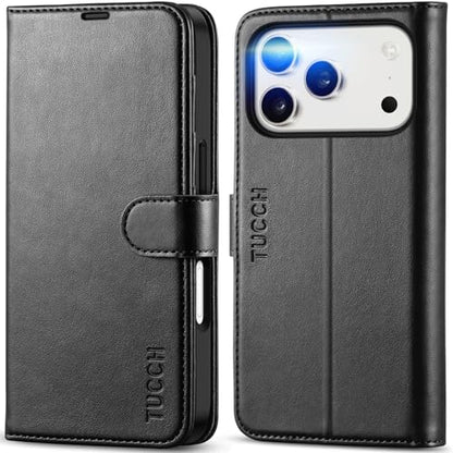 TUCCH Wallet Case for iPhone 17 Pro (6.3") 2025, 4 Card Holders, Black | RFID Blocking, Viewing Stand, Shockproof TPU Shell, PU Leather, Magnetic Closure, Protective Folio Flip Cover - color: Black