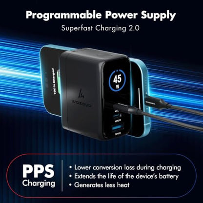 45W Smart LED Wozoyo GaN Charger, 2XType-C & USB-A Superfast 2.0 Charging, Compatible For iPhone 17/16/16 Pro Max/15 Series/iPad Pro, Smartphones, Tablets And More, PD/PPS/QC 3.0,Compact Foldable Plug