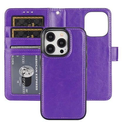 Bocasal Detachable Wallet Case Card Holder for iPhone 15 Pro, Purple | RFID Blocking Kickstand Card Slots Holder PU Leather Magnetic Shockproof Wrist Strap Removable Flip Protective Cover 6.1 inch - color: Purple