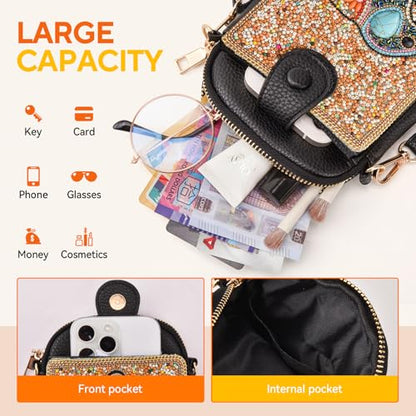 Women's Small Crossbody Cell Phone Bag, Boho Colorful Beaded Purse Wallet with Handmade Cute Patterns - color: Elephant-brown