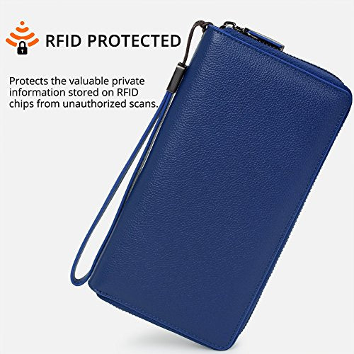 Bveyzi Women RFID Blocking Wallet Leather Zip Around Phone Clutch Large Capacity Ladies Travel Purse Wristlet - color: Navy Blue