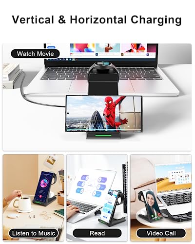 ADADPU 3 in 1 Wireless Charging Station for Samsung Galaxy S26 S25 S24 S23 S22, Charging Stand for Galaxy Watch 8/7/6/5/4/3 (Not for Watch 9/Ultra 2) and Galaxy Buds, 20W Adapter Included - color: Black