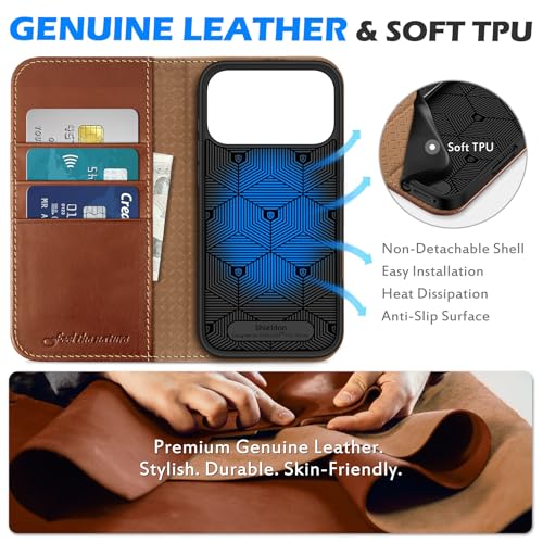 SHIELDON Genuine Leather Case Wallet for iPhone 17 Pro Max, Retro Brown | Flip Magnetic Cover, RFID Blocking, Credit Card Holder, Kickstand, Book Design, Shock-Absorbent Phone Cover - color: Retro Brown