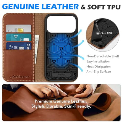 SHIELDON Genuine Leather Case Wallet for iPhone 17 Pro Max, Retro Brown | Flip Magnetic Cover, RFID Blocking, Credit Card Holder, Kickstand, Book Design, Shock-Absorbent Phone Cover - color: Retro Brown