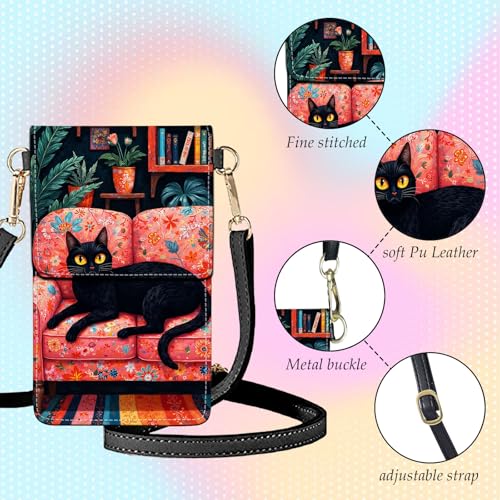 Small Crossbody Bags for Women Touchscreen Cell Phone Bag Cross Body Purses with adjustable Strap,Gifts For Teenage Girls - color: Black Cat Floral Sofa