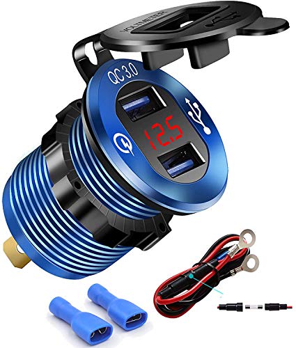 iMESTOU Aluminium Quick Charge 3.0 Marine Dual USB Phone Charger Adapter Waterproof Car USB Socket Outlet DIY Kit with Voltmeter 10A Fuse for 12V/24V Motorcycle Automotive Boat Bus Truck ATV UTV RV
