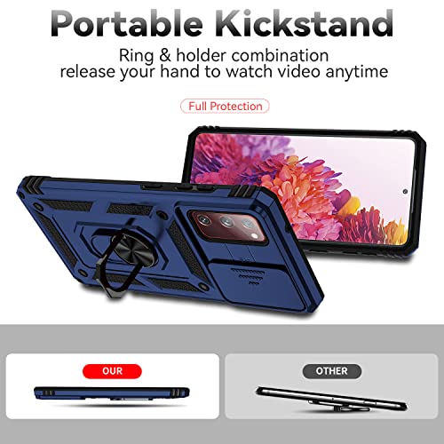 for Samsung Galaxy S20 FE 5G Case with Camera Lens Cover HD Screen Protector, Military-Grade Drop Tested Magnetic Ring Holder Kickstand Protective Phone Case for Samsung Galaxy S20 FE 5G (Navy Blue) - color: Navy Blue with camera cover Military-Grade 2nd