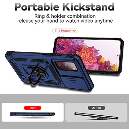 for Samsung Galaxy S20 FE 5G Case with Camera Lens Cover HD Screen Protector, Military-Grade Drop Tested Magnetic Ring Holder Kickstand Protective Phone Case for Samsung Galaxy S20 FE 5G (Navy Blue) - color: Navy Blue with camera cover Military-Grade 2nd