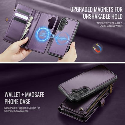 Defencase for Galaxy S25 Plus Case Wallet Compatible with Magsafe, Purple | Magnetic Detachable, RFID Bolcking Card Holder, Zipper Strap, PU Leather Drop-Proof Phone Cover for Samsung Galaxy S25+/Plus - color: (Detachable with Magsafe)-Purple