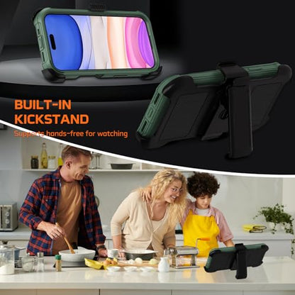 for iPhone 11 Case with Belt Clip Holster,Anti-Drop Shockproof Bumper Phone Cases w/2x Screen Protectors & Kickstand,Rugged Heavy Duty Military Grade Protective Defender Cover (Dark Green) - color: Dark Green W/Belt Clip