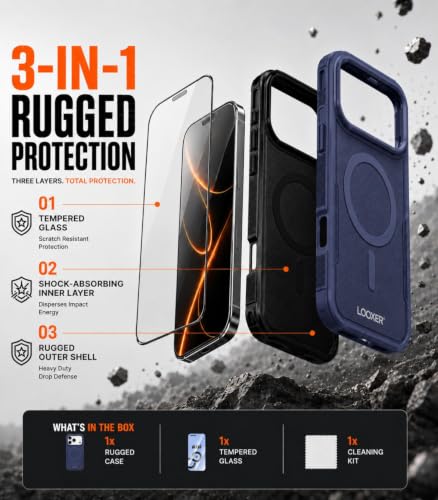 LOOXER® Heavy Duty Rugged Magnetic Case for iPhone 17 Pro (6.3”) | Military Grade Shockproof Protection,MagSafe Compatible+ Tempered Glass Included (Blue, 17 Pro) - color: Blue, size: 17 Pro