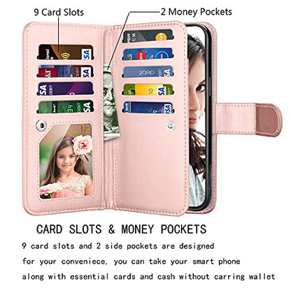 NJJEX iPhone 13 Mini Wallet Case, 9 Card Slots, Rose Gold | PU leather, ID Credit Card Holder, detachable folio flip, magnetic cover, kickstand, lanyard included - color: Rose Gold