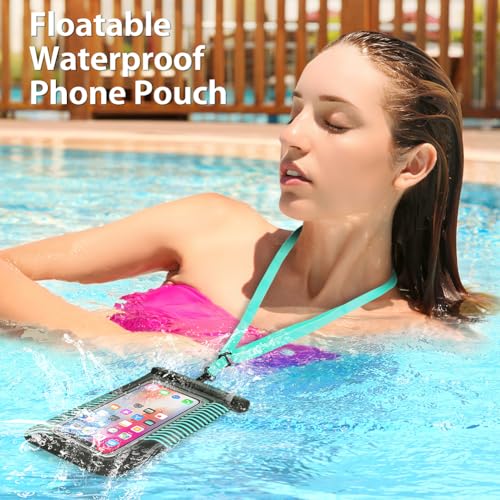 Floating Waterproof Phone Holder Pouches Cases Covers, IPX8 Cell Phone Water Protectors 1 PC w/Adjustable Neck Lanyard, for iPhone 15 14 13 Pro Max 12 11 Cyan
