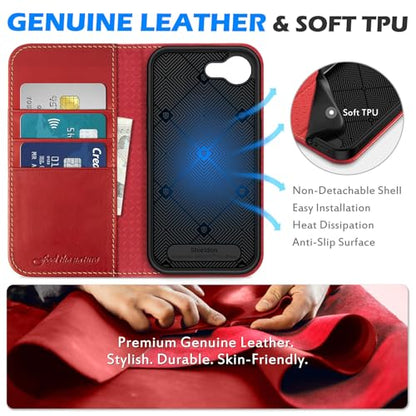 SHIELDON Genuine Leather Case Wallet for iPhone 17e/16e 6.1", Retro Red | Folio Magnetic Closure, RFID Blocking, Credit Card Holder, Kickstand, Shock Absorbing Protective Cover for Men Women - color: Retro Red
