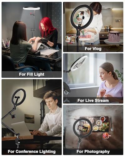 Ring Light with Stand and Phone Holder, USB 10" Ring Light for Desk, Overhead Camera Mount with Ringlight, Desk Lamp with Clamp for Photography/Makeup/Live StreamVideo/YouTube