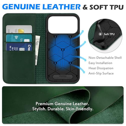 SHIELDON Genuine Leather Wallet Case for iPhone 17 Pro Max 6.9", Evergreen | RFID Blocking, Credit Card Holder, Magnetic Closure, Kickstand, Folio Design, Full Protection, Shockproof Phone Cover - color: Evergreen