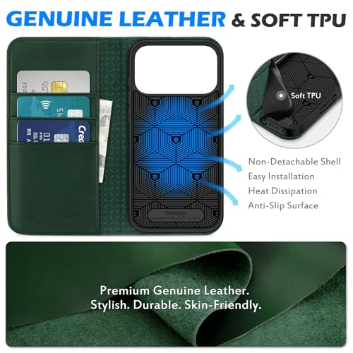 SHIELDON Genuine Leather Wallet Case for iPhone 17 Pro Max 6.9", Evergreen | RFID Blocking, Credit Card Holder, Magnetic Closure, Kickstand, Folio Design, Full Protection, Shockproof Phone Cover - color: Evergreen
