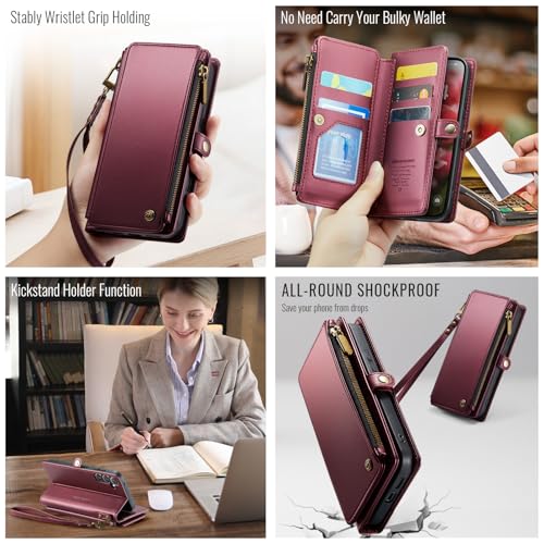 Defencase for Samsung Galaxy S25 Wallet Case with RFID Card Holder, WineRed | Durable Soft PU Leather, with Zipper Pocket, Wrist Strap, Fashion Snap Flip S25 Phone Cases Cover with Stand for Women Men - color: Wine Red