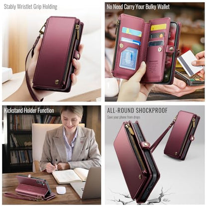 Defencase for Samsung Galaxy S25 Wallet Case with RFID Card Holder, WineRed | Durable Soft PU Leather, with Zipper Pocket, Wrist Strap, Fashion Snap Flip S25 Phone Cases Cover with Stand for Women Men - color: Wine Red