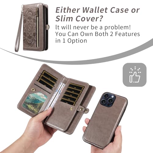 Asuwish Phone Case for iPhone 15 Pro 6.1 inch Zipper Wallet Magnetic Detachable Cell Cover with Tempered Glass Screen Protector Crossbody Strap Flower Credit Card Holder i Phone15 i15 15Pro Women Gray - color: Gray