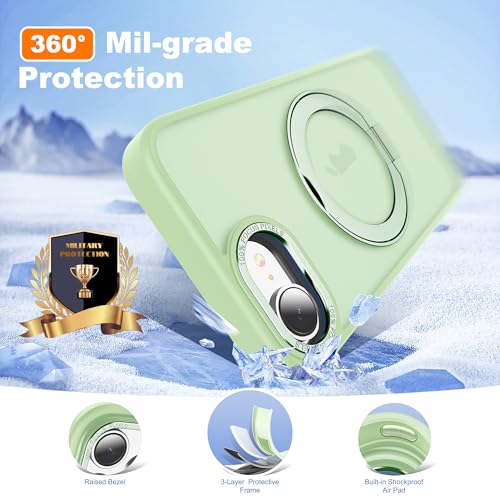 for iPhone 16e/17e Case with 360° Spin Magnetic Stand,Green | iPhone 16e/17e Phone Case 6.1",Spin Magnetic Ring Stand,Compatible with MagSafe,Military Protection,Translucent Matte - color: Green, size: iPhone 16e & iPhone 17e