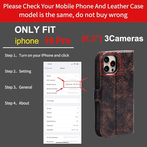 Leather Case Compatible with iPhone 16 Pro Wallet 6.3" | Genuine Leather 2-in-1 Magnetic Detachable Shockproof,Flip Folio Cover with Card Slot,RFID Blocking Brown Coffee - color: Brown Coffee, size: 16 Pro