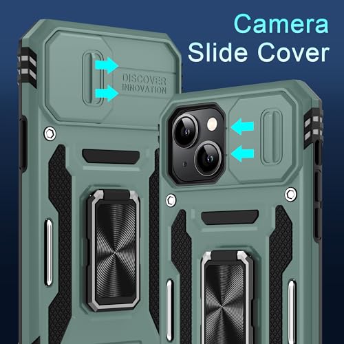 DEERLAMN Case for iPhone 15 with Slide Camera Cover + Screen Protector (2 Packs), Rotated Ring Kickstand Military Grade Shockproof Protective Cover-Green - color: Green