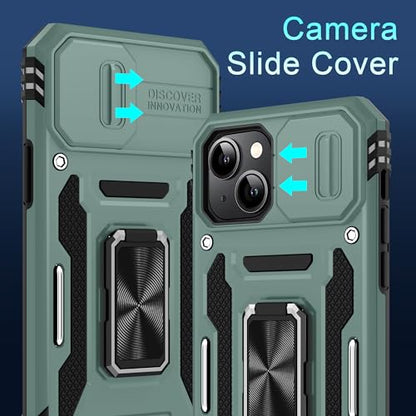 DEERLAMN Case for iPhone 15 with Slide Camera Cover + Screen Protector (2 Packs), Rotated Ring Kickstand Military Grade Shockproof Protective Cover-Green - color: Green