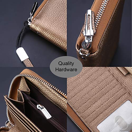 Small Compact Women Wallet RFID Blocking Genuine Leather Bifold Purse with ID Windows - color: 1- Pebbled Brown Gold, size: One Size