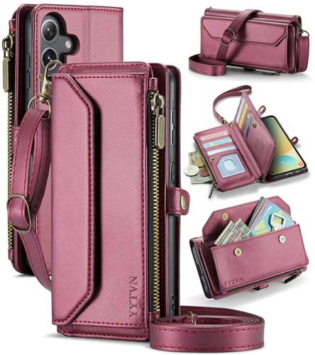for Samsung Galaxy S24 FE Wallet Case with Card Holder, Red | RFID Blocking Slots, Crossbody Lanyard, Wrist Strap, Zipper Pocket Purse Handbag, Magnetic Closure - color: Red, size: Galxay S24 FE
