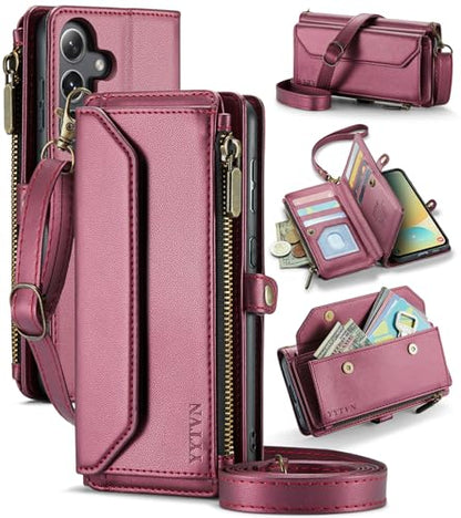 for Samsung Galaxy S24 FE Wallet Case with Card Holder, Red | RFID Blocking Slots, Crossbody Lanyard, Wrist Strap, Zipper Pocket Purse Handbag, Magnetic Closure - color: Red, size: Galxay S24 FE