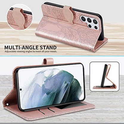 Wallet Case for Samsung Galaxy S22 Ultra with Card Holder/Slot,Leather Flip Folio Stand Shell Magnetic Closure Wrist Strap Kickstand Phone Case(Galaxy S22 Ultra 6.8 inch) Rose Gold - color: Rose gold, size: Samsung Galaxy S22 Ultra
