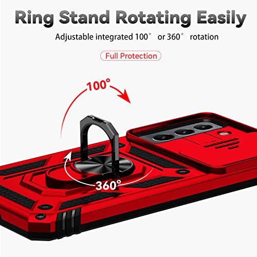 for Samsung Galaxy S22 Case with Camera Lens Cover HD Screen Protector, Dual Layer Military-Grade Drop Tested Magnetic Ring Holder Kickstand Protective Phone Case for Samsung Galaxy S22 5G (Red) - color: Red with camera cover Military-Grade 2nd gen
