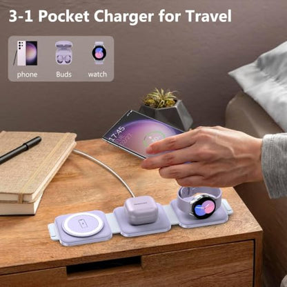 Travel Charger for Samsung Multi Devices, Foldable 3 in 1 Wireless Charging Station Fast Charging Stand/Pad Compatible for Samsung Galaxy S26/S25/S24/S23/Note20 Galaxy Watch8/7/6/Galaxy Buds4(Violet - color: Violet
