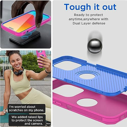 AICase Compatible with iPhone 15 Pro Max Case,Heavy Duty Drop Protection Full Body Rugged Shockproof Military Protective Tough Durable Cover Compatible with iPhone 15 Pro Max 6.7"_5 - color: Hot Pink/Blue