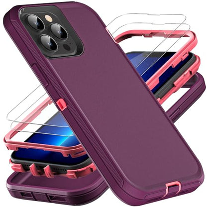 YKHJKLEC for iPhone 13 Pro Max Case, Military Grade 3 in 1 Heavy Duty Shockproof/Drop Proof/Dust Proof Case with 2Pcs Tempered Glass Screen Protector (Purple/Pink) - color: Purple/Pink