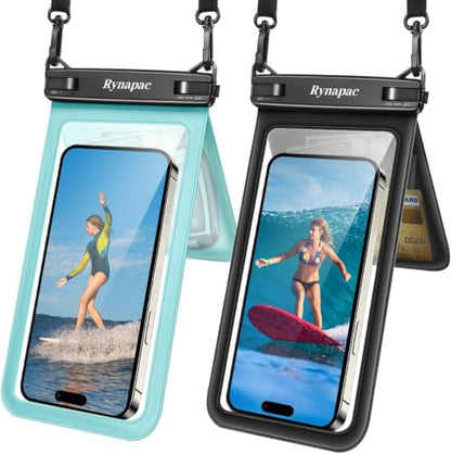 Rynapac IPX8 Double Space Waterproof Phone Pouch up to 8.5'', 2 Pack | Face Unlock, Touchscreen, Underwater Photography, for iPhone 17 16 15 14 Pro Max, Includes Lanyard, Beach Cruise Essentials - color: Black & Green