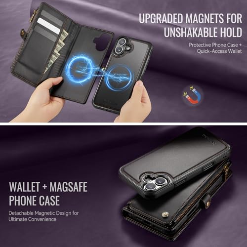 Defencase for iPhone 17 Phone Case Wallet Compatible with Magsafe, Black | Magnetic Detachable, Drop-Proof Protective Wallet Cases Cover, with RFID Bolcking Card Holder, Zipper Strap, Soft PU Leather - color: (Detachable with Magsafe)-Black