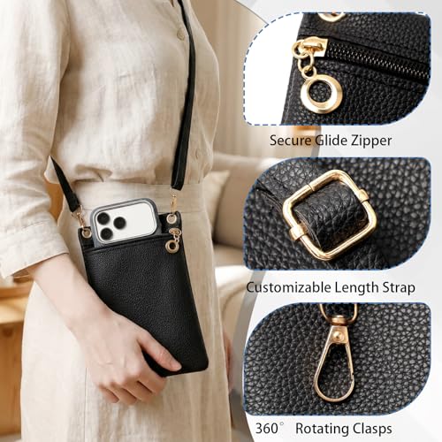 Cell Phone Purse, Black PU Leather Phone Bag for Women and Girls, Crossbody Phones Wallet With Shoulder Strap for Shopping, 7.5 x 5 Inches