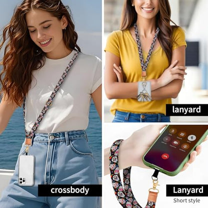 Phone Lanyard Crossbody Wrist Strap, Universal Adjustable Neck Strap for Phone Case Keys ID Badges - color: Cute Flower Skulls